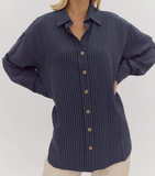 Navy & Black Striped Button Down