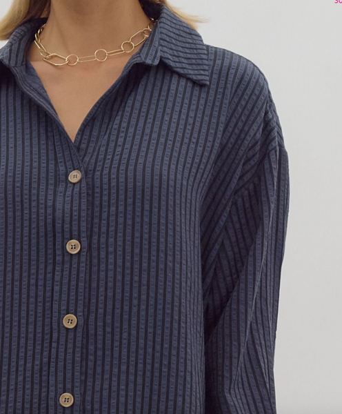 Navy & Black Striped Button Down