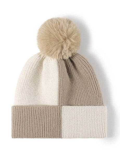 Two Tone Check Pom Beanie - Khaki or Pink