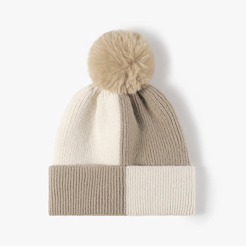 Two Tone Check Pom Beanie - Khaki or Pink